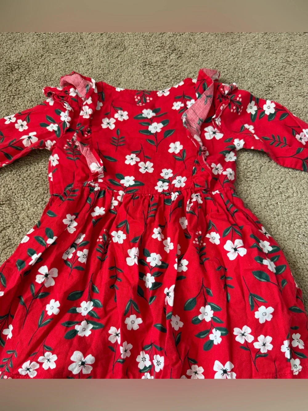 Carter’s Girls Size 18m Red Ruffled Floral Dress Outfit Long Sleeves Flowers